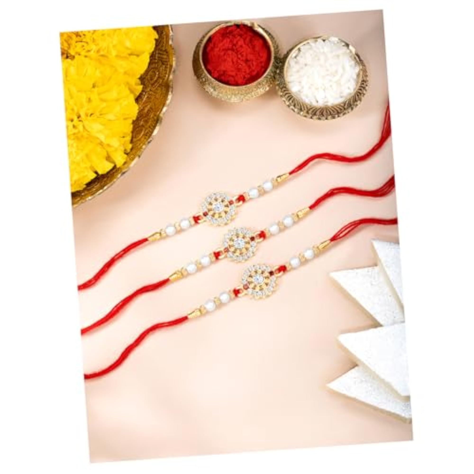 CZ Pearl & Crystals Studded Thread Rakhi Combo Set of 3